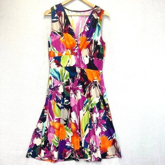 Shelby & Palmer Floral A-Line Dress Sz Large Stretch Fit & Flare Colorful Resort - Picture 1 of 14